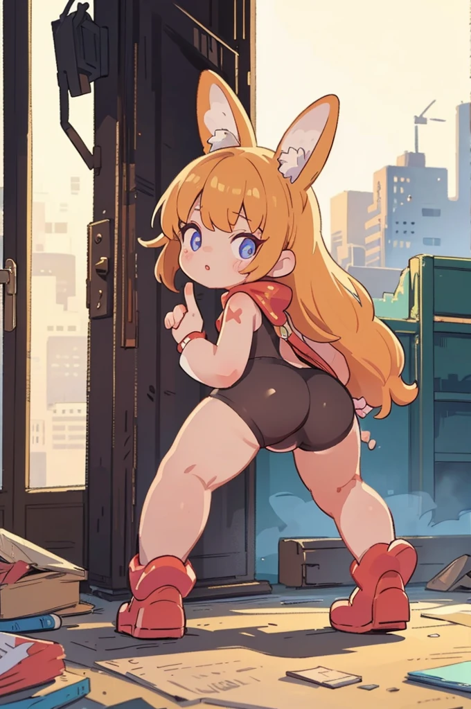 (best quality, highres, masterpiece:1.2),ultra-detailed, realistic:1.37, professional, vivid colors, bokeh, (HDR,UHD),studio lighting,extremely detailed eyes, detailed lips, A with a plump butt pointing upwards、Full body shot、((Be careful when drawing fingers:1.2))、Wearing a well-worn tanned leather bodysuit、beautiful body line((Mainly the lower body))pose to show off、((Looking back while leaning forward))、Sentai heroine style costume、A tanned leather bodysuit that looks easy to move in and comes with accessories.、Show off her lovely lower body line、A ruined city filled with dust and smoke、Desolate cityscape、A pose as if trying to run towards the back of the screen, FOCUS HANDS ON HER HIPS, FOCUS SHE IS SITTING ON THE GROUND, FOCUS PUSSY VISIBLE.