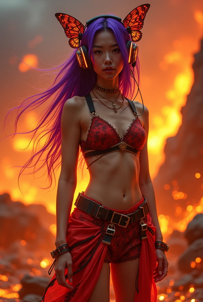 Korean butterfly woman with purple hair, wearing headphones and a short outfit on fire, with the name Hell Boy, in a fiery place 