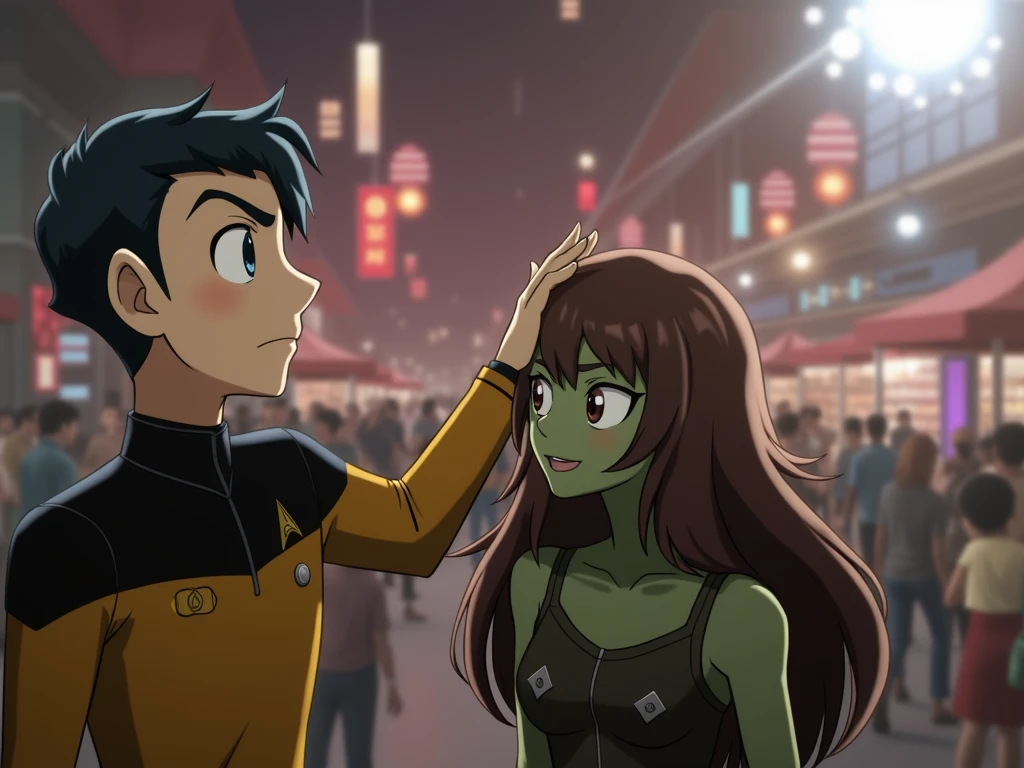 one federation Starfleet anime man pinching a Romulan anime girl