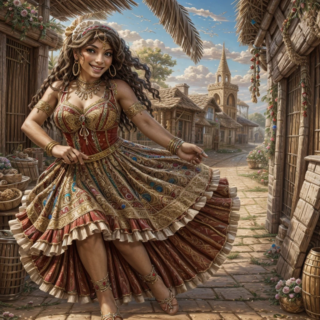 a beautiful gypsy, in her village, charismatic smile, playing a tambourine and dancing, with a dress decorated with several ribbons