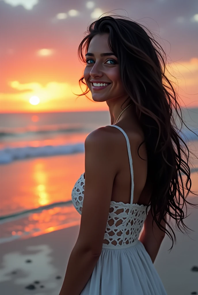 A young woman with long dark hair gazes at the horizon on the beach, with the sun visible in the distance..1 girl, Alone, Long hair, High resolution, breasts, smile, blue eyes, masterpiece,
