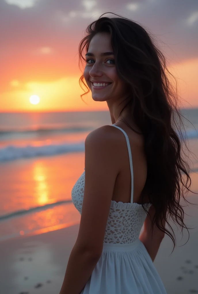A young woman with long dark hair gazes at the horizon on the beach, with the sun visible in the distance..1 girl, Alone, Long hair, High resolution, breasts, smile, blue eyes, masterpiece,