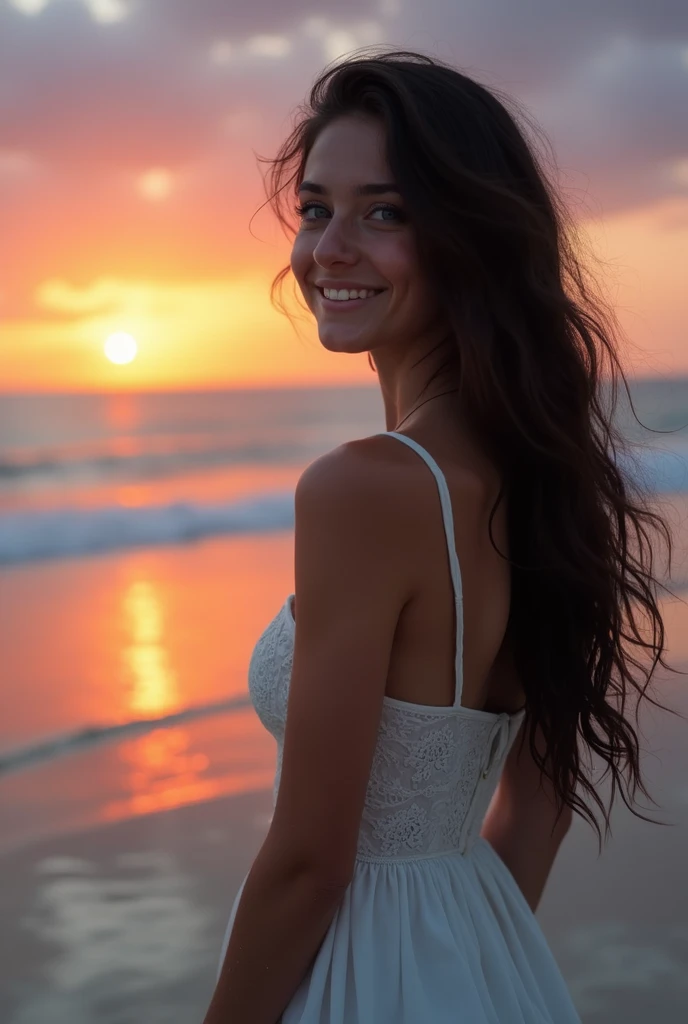 A young woman with long dark hair gazes at the horizon on the beach, with the sun visible in the distance..1 girl, Alone, Long hair, High resolution, breasts, smile, blue eyes, masterpiece,