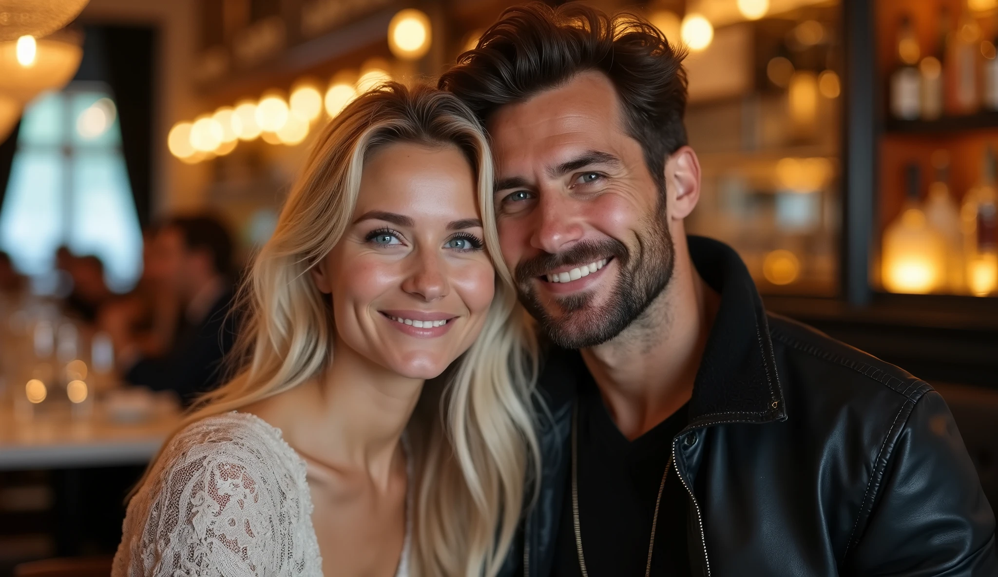 Real professional photography of two people as the main subjects of the photo, a 35-year-old adult man with a youthful appearance and a beautiful adult woman. The man should have short, slightly wavy dark brown hair and a sparse beard evenly distributed across his face. The woman should have long, loose, slightly disheveled platinum blonde hair, fair, almost pale skin with a slight flush to the cheeks, and bright, piercing blue eyes. The man and woman must be looking directly at the camera with smiles on their faces showing an expression of joy and satisfaction. Both are sitting together at a bar counter in a sophisticated restaurant, positioned sideways, with the man facing the front and the woman slightly back, but both are looking at the camera. They are wearing elegant clothes that are in keeping with the restaurant environment. The background should be out of focus, adding depth to the image, to suggest the interior of a restaurant at night, with people, tables, chairs, lamps in a bokeh effect, and everything that makes up the interior of a restaurant should be present, but out of focus so as not to distract the attention of the man and woman. The photograph should capture extreme detail, with a high-quality rendering in 8k, with professional photographic quality and attention to detail that conveys the realism of a restaurant.