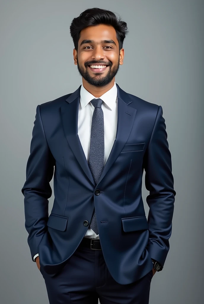 Capture a professional and polished image for your LinkedIn profile. As a 22-year-old Indian man, dress in formal attire such as a suit and tie. Pose confidently, with a slight, approachable smile. Ensure the background is clean and neutral, focusing on your face to convey professionalism and enthusiasm