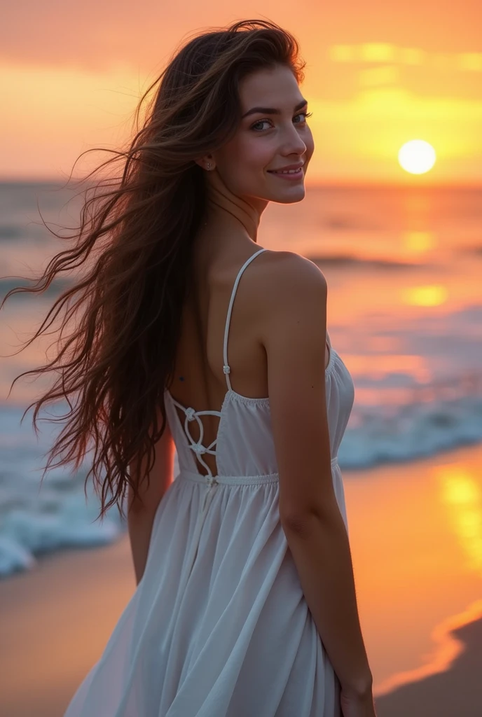 A young woman with long dark hair gazes at the horizon on the beach, with the sun visible in the distance..1 girl, Alone, Long hair, High resolution, breasts, smile, blue eyes, masterpiece, 