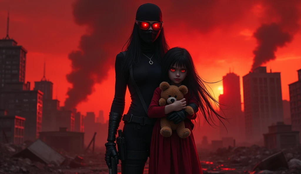 tall F.E.A.R operative wearing red tacitcal glasses and tactical black balaclava holding pistol and hugging in red dress with tall black hair holding plushie bear. Her height is short and her eyes glow red. They both looking at ruined city in Chaos. The sky is chaotic red