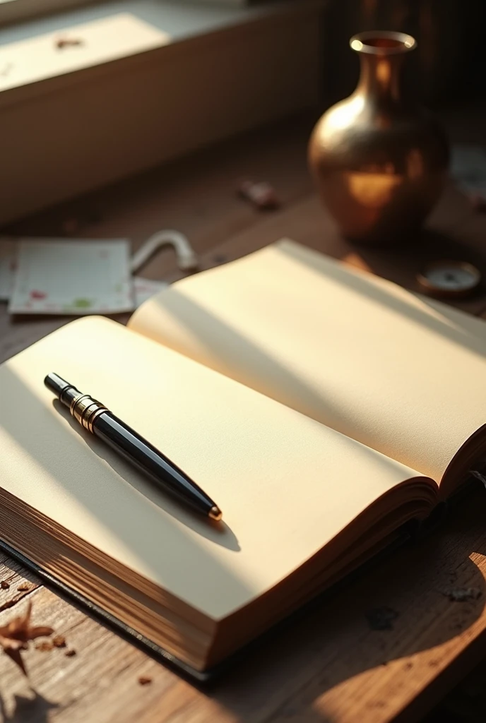 An open book with blank pages and a pen beside it, inviting to write