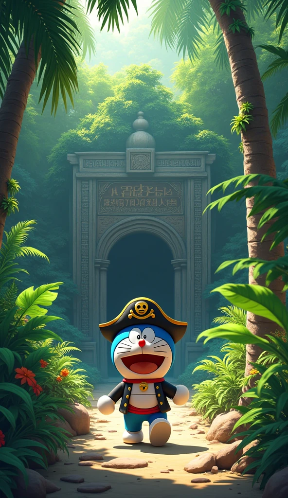 Image of Captain Doraemon wearing a pirate outfit stepping down to the island, walking in the forest, encountering a cave with a door, ancient characters carved on the door .sharp 4k 3d images 