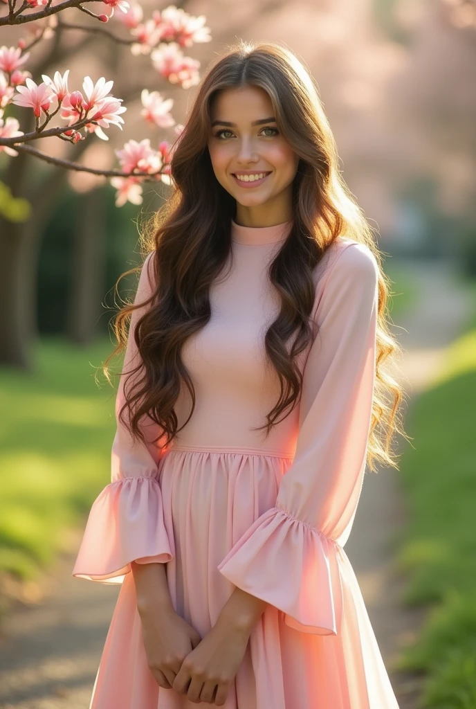 Create a realistic image of a 19-year-old Christian woman wearing a full-skirted dress with a high neck and long sleeves in light pink. She has very long hair, about one meter long, with curled ends that reach below her buttocks. Her hair is brown and fine, with no volume at the roots and only slightly wavy at the ends. She has green eyes, brown eyebrows that are slightly raised and thin, a slightly rounded face, and a light brown complexion. She is smiling.