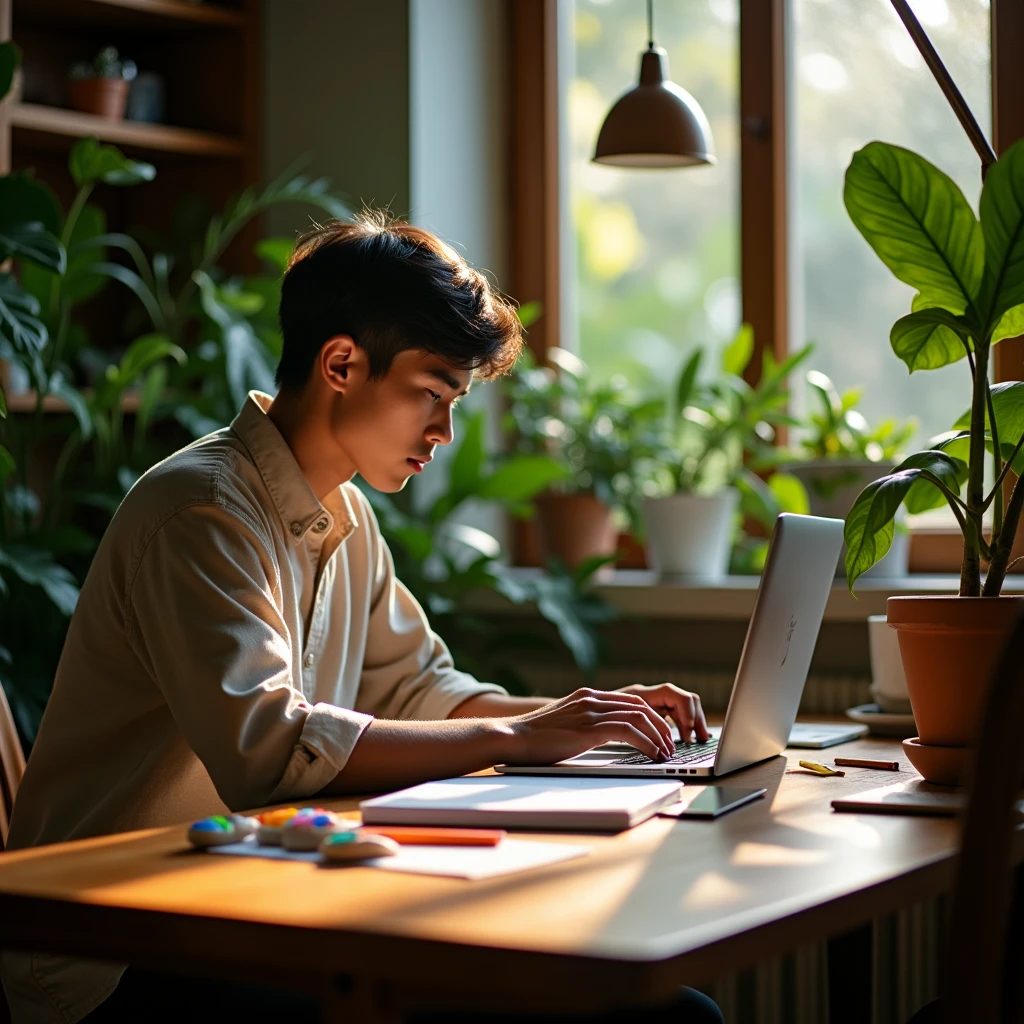 A young Indonesian man is working online in an aesthetic workspace., He can be seen from behind with his laptop screen visible