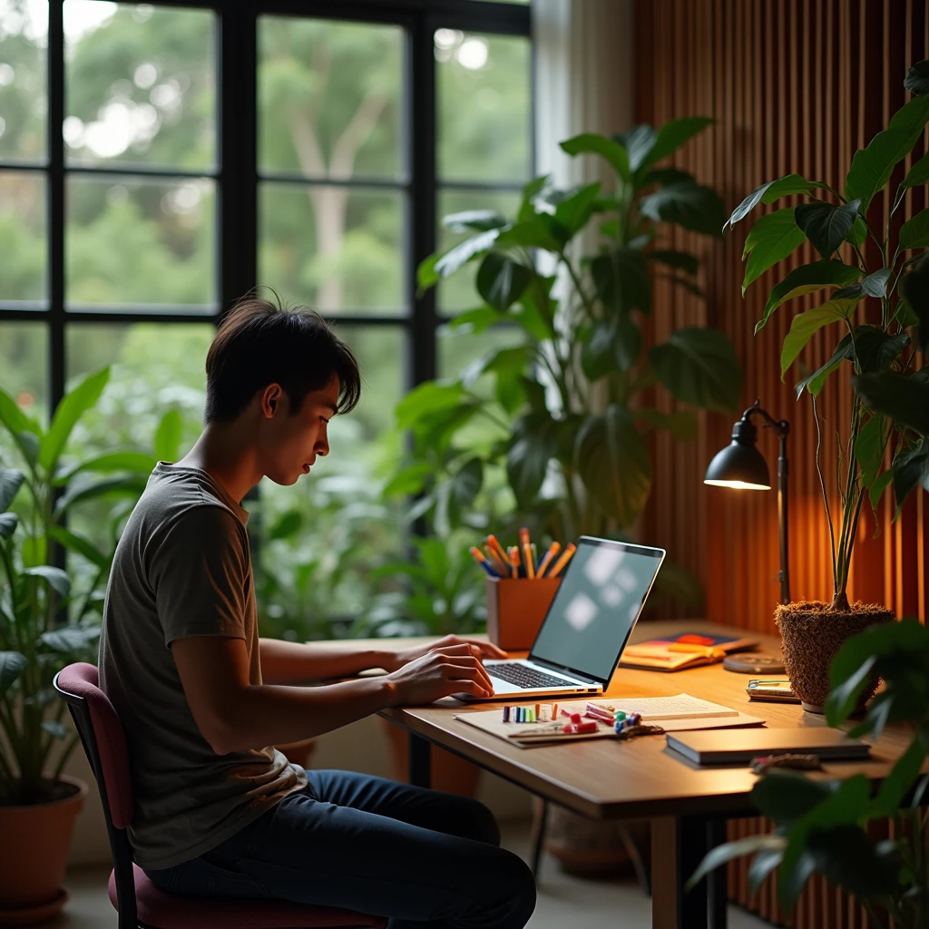 A young Indonesian man is working online in an aesthetic workspace., He can be seen from behind with his laptop screen visible