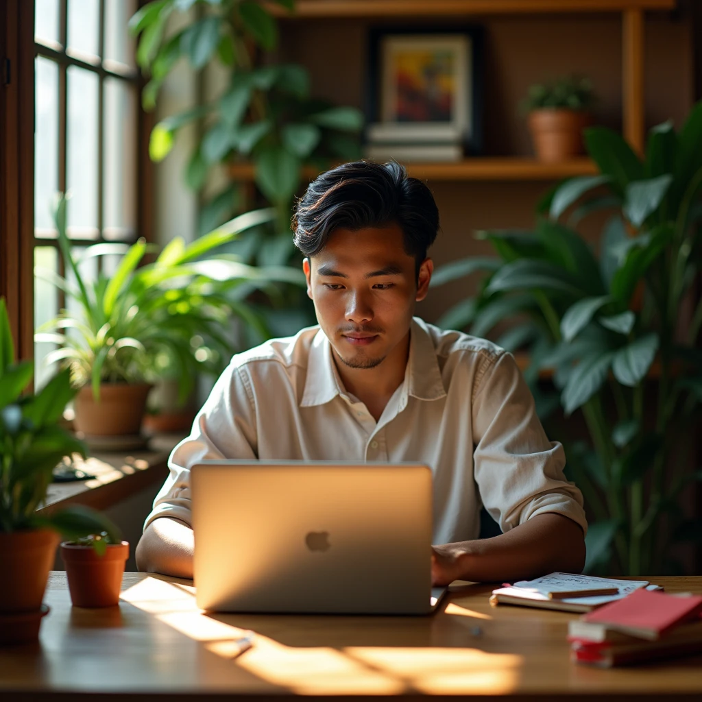 A young Indonesian man is working online in an aesthetic workspace., He can be seen from behind with his laptop screen visible