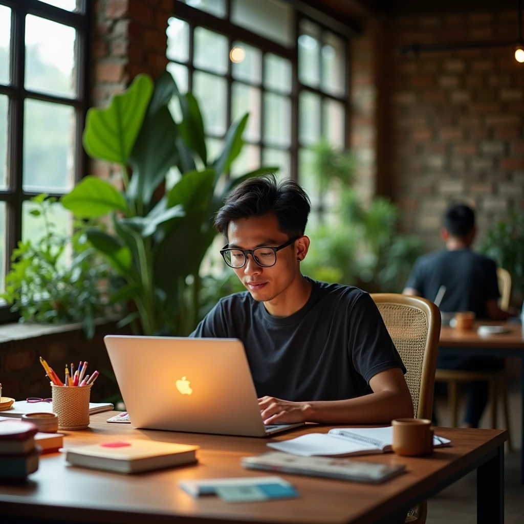 A young Indonesian man is working online in an aesthetic workspace., He can be seen from behind with his laptop screen visible