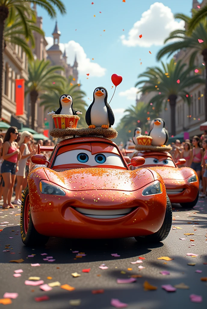 image of a parade of allegorical cars with a Dreamworks theme