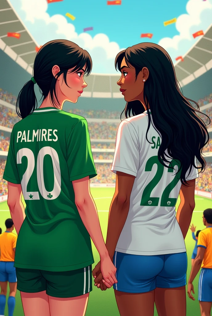 Illustration of two women holding hands with their backs to each other wearing football jerseys. one with white skin,Bblack hair, smooth and shorter a little below the shoulder, and with the green Palmeiras shirt with number 20 on the back written TAMIRES. And the other with brown skin, straight and long hair, a little taller and wearing a shirt with number 22 white Corinthians written SAMILLY