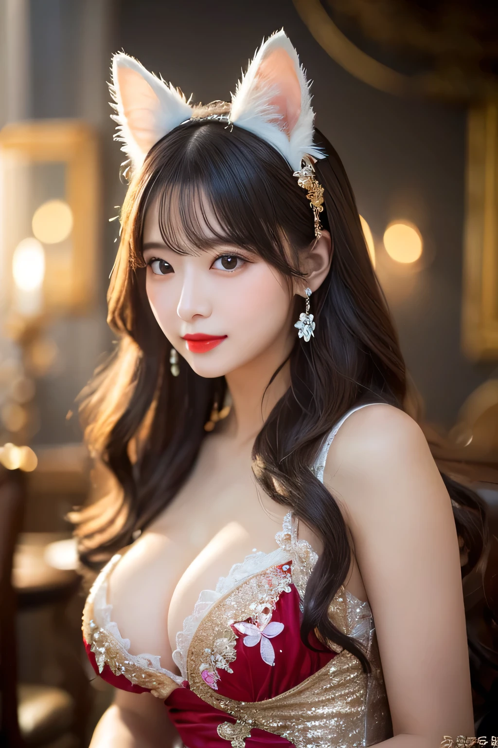Young woman with long, wavy, pastel colored hair、Sitting gracefully in an elaborate fantasy-themed gown。Gowns、white、black、There is a mix of red colors、Adorned with glittering embellishments and a large bow on the bust。She has big fluffy cat ears on her head、Matching soft and fluffy tail。Her eyes are large and expressive、A calm and attractive look。The scene is softly lit with a magical, dreamy atmosphere.、It highlights her smooth skin and the intricate details of her outfit。She accessorized with delicate jewelry, including a butterfly hair clip.、It adds to the whimsical nature of her look.。The background is soft and blurry、Enhances the ethereal feel of the image。
Large Breasts、Sexy pose、Large Breasts、cleavage cleavage cleavage cleavage cleavage, 3 meter long hair, extremely long hair, shampoos hair everyday for the last 10 years, hair touching the floor, goddess, thin beautiful, red lipstick