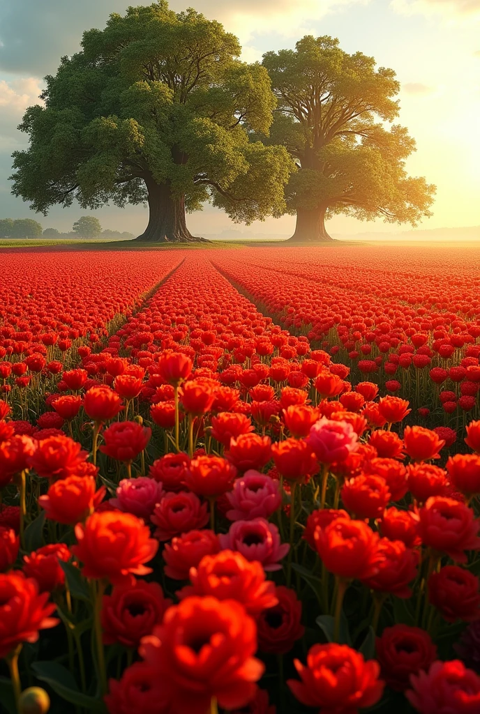 A huge field full with red flowers,, big trees in the background 