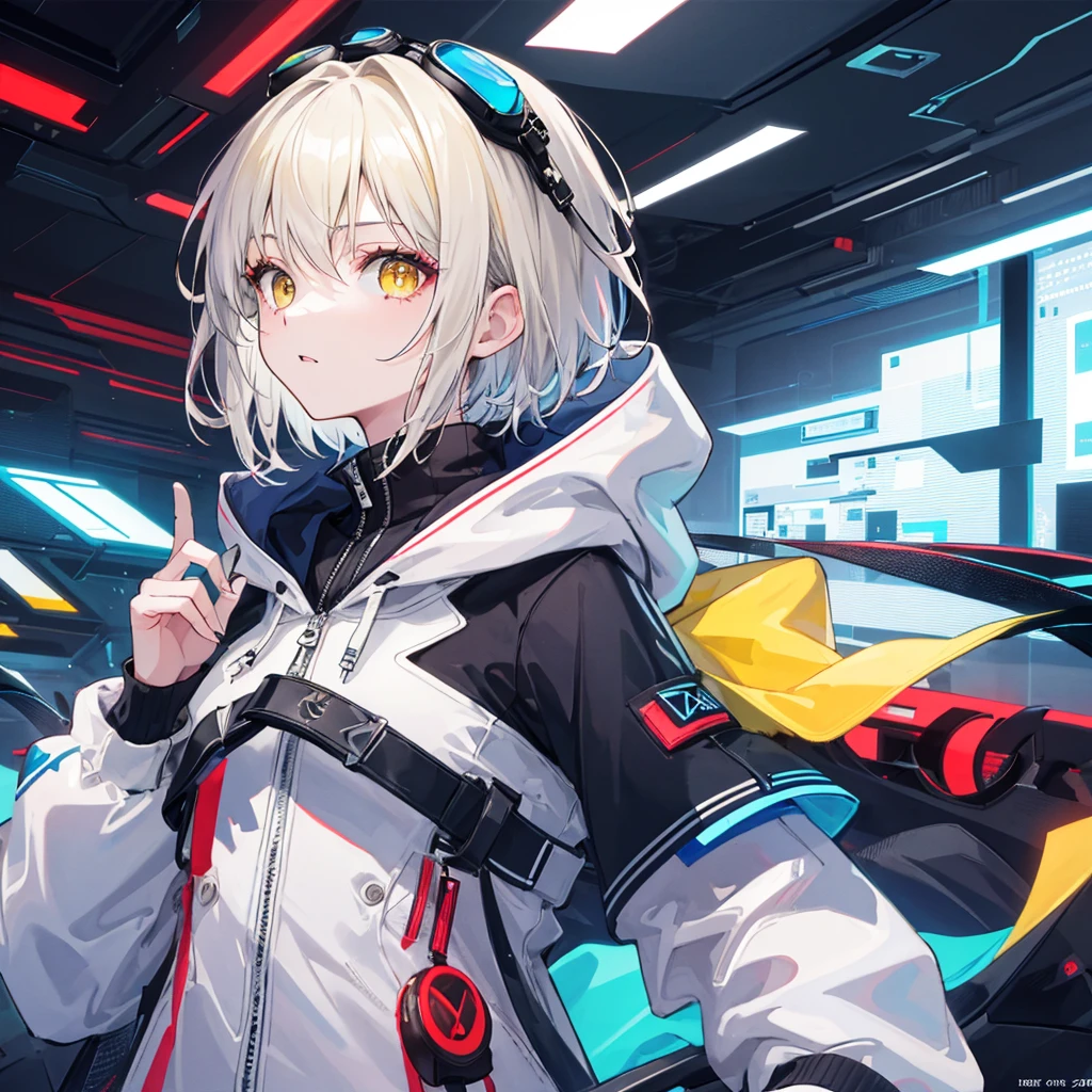 ((Highest quality)), ((masterpiece)), (detailed), 1 girl, yellow eyes, short hair, whole body, Portrait of a stylish 20 yo woman software engineer, ((wearing smart Futuristic goggles)), white Futuristic clothing with blue and red accent colors, hoodie
