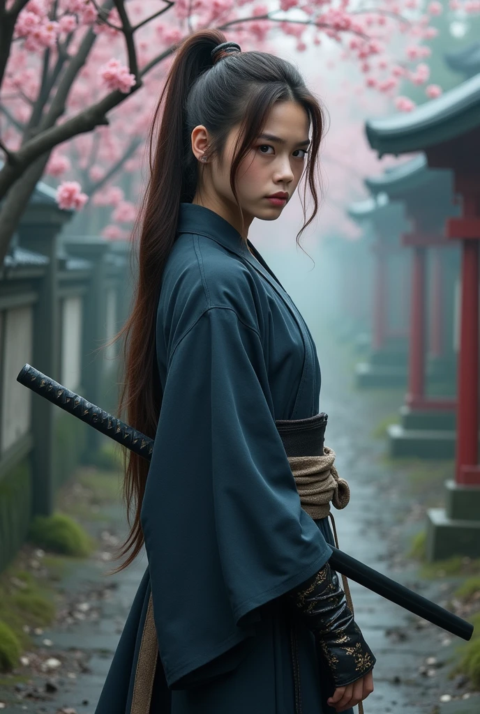 Japanese style,cool,ponytail,Brown Hair,I have a sword,guard,Men's,Sharp Eyes,Sad,antiquity,But pretending to be a man