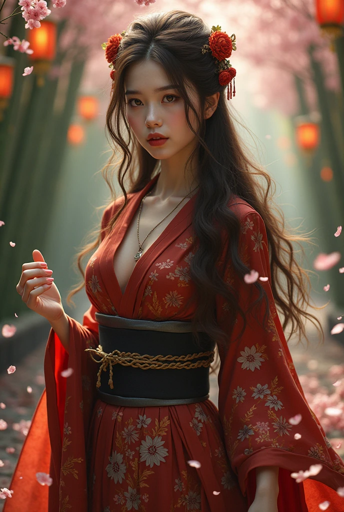 Create a character with brown hair and wine-colored eyes, who has four arms and wears a Japanese robe.