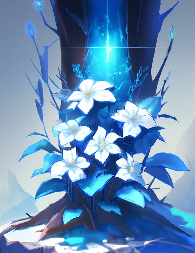 1 tree,A long white flower grows on the cliff.,Beautiful with a blue aura,nature,Close-up,No people,The trunk is crystalline with a blue glow.,1 tree