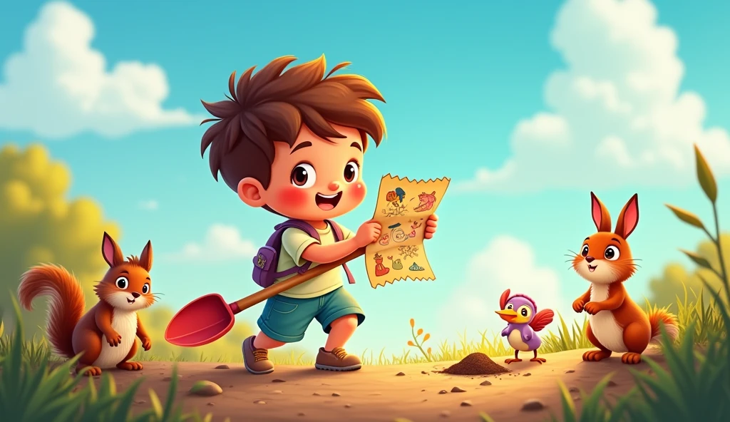 "A cheerful cartoon child with a small shovel, digging into the soft earth, with a treasure map in hand, surrounded by playful woodland creatures, under a bright sunny sky."