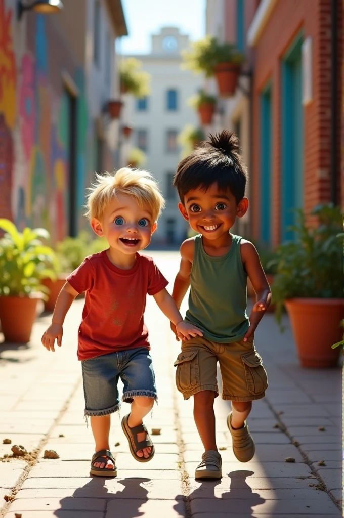 Two children playing in a peripheral alley, a white boy and one with indigenous features 