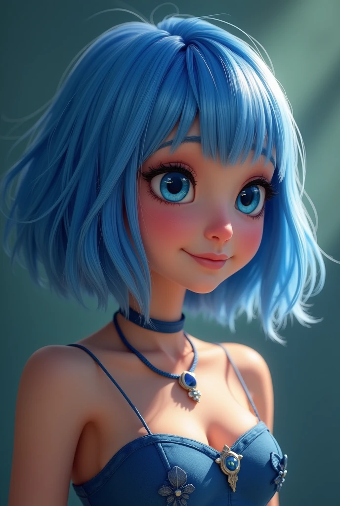 (Highest quality, 8k, 32K, masterpiece, Ultra-high resolution:1.2),Cute 18-year-old American woman image, Large Breasts, Very short bob hair,Full Body Shot,(one piece,1.1) necklace, background, View your viewers,Model pose, (((Silver streaks in blue hair))), (((Bright light blue eyes))) (((Award-winning details)) ((The atmosphere of the Disney movie Descendants)))