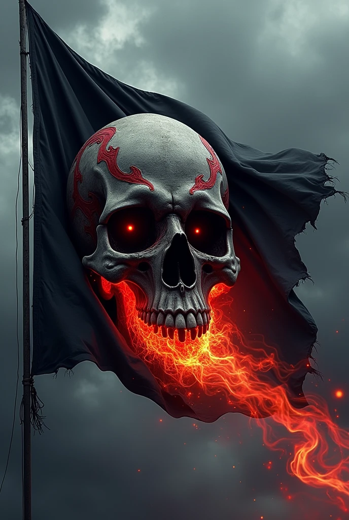 a Full Black flag, red details on the skull carving, pulling towards a black in the eyes and flaming mouth