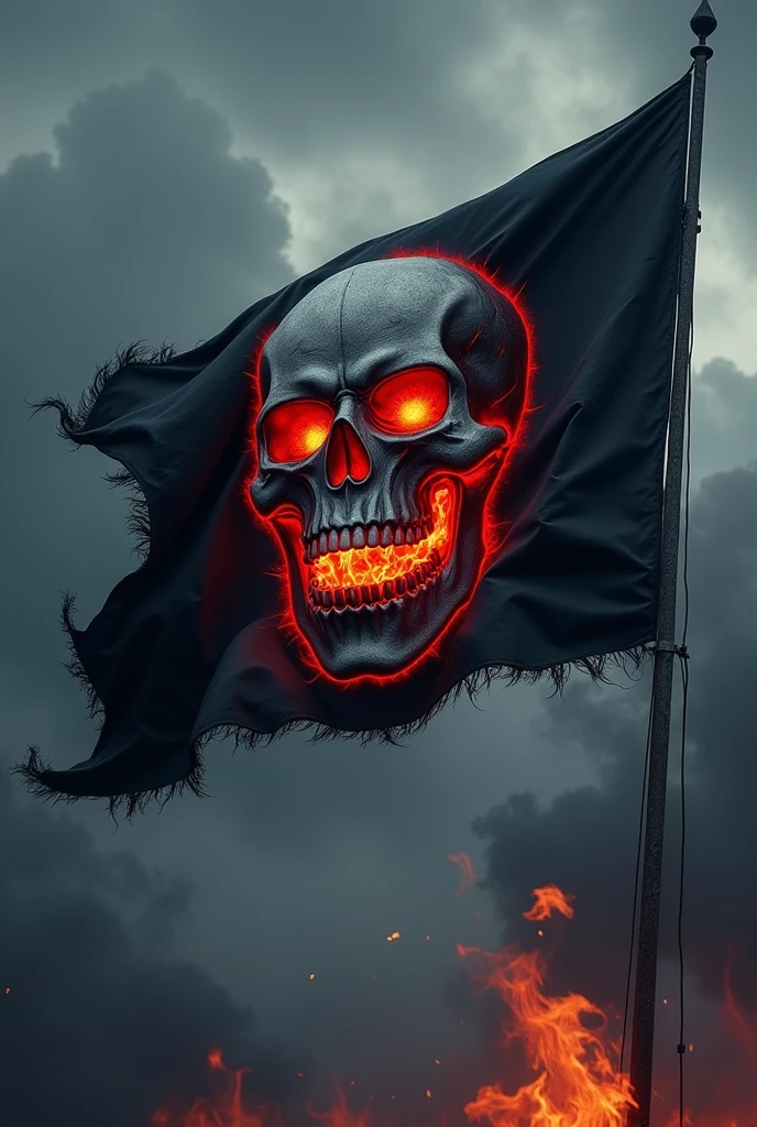 a Full Black flag, red details on the skull carving, pulling towards a black in the eyes and flaming mouth