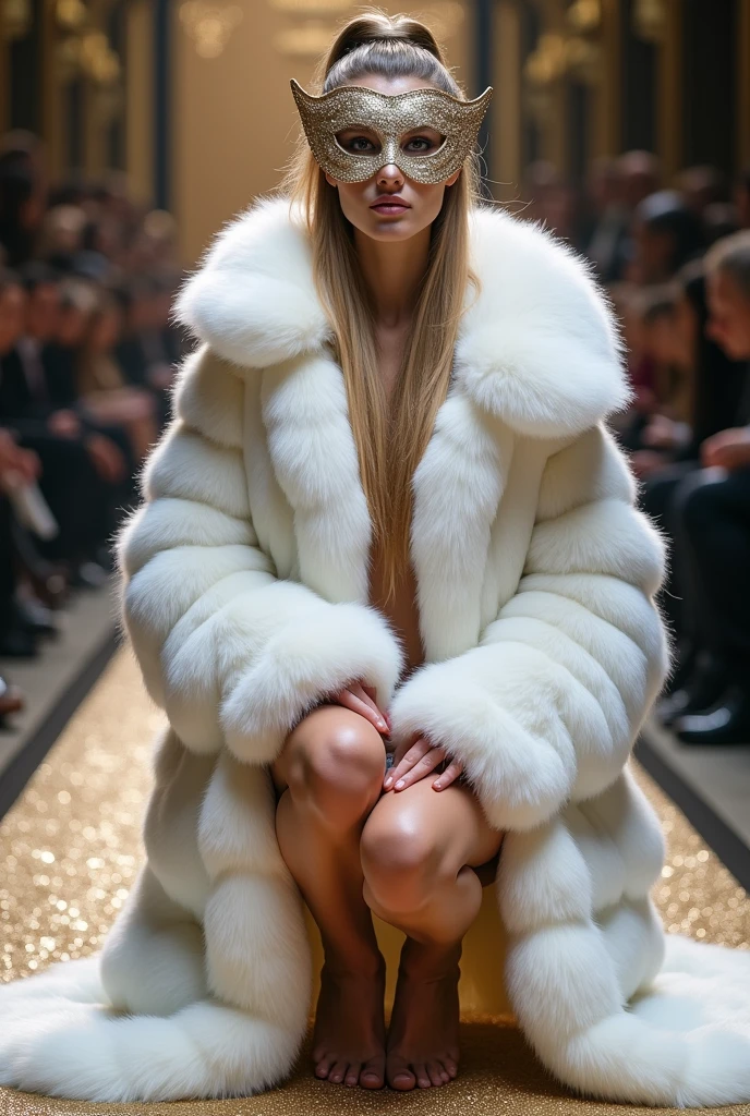 Very wide、Very thick, white mink fur coat, Thickness 100 cm, fluffy, Thick white mink fur collar, 3 floors、(Fur fashion show)、naked、Nordic beauties、High ponytail、(Very large breasts:4.1)、naked、(Squat down and spread your legs)