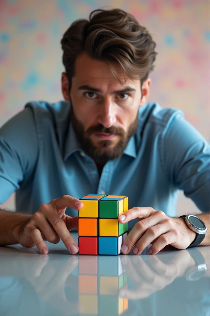 Rubik',s cube with shiny colours and a man solve it