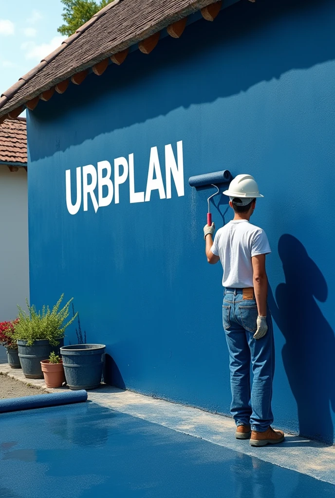 View a realistic 8K scene showing a painter in action, applying a coat of dark blue paint to the exterior wall of a house, using a paint roller. The paint already applied forms a uniform, deep blue surface., and on the wall, the word &#39;URBPLAN&#39; is written in white, standing out sharply against the dark background. The painter is focused on his work, wearing appropriate clothing for painting, complementing the predominant color palette in shades of blue. High resolution captures the details of paint texture, the movement of the roller and the accuracy of the work, creating an immersive and highly realistic image