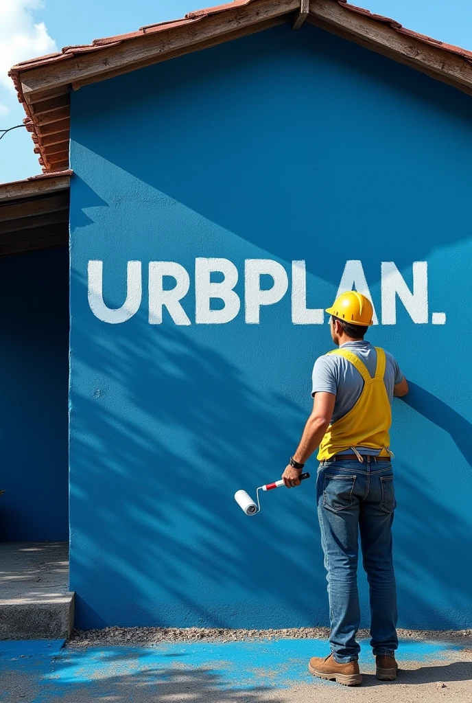 View a realistic 8K scene showing a painter in action, applying a coat of dark blue paint to the exterior wall of a house, using a paint roller. The paint already applied forms a uniform, deep blue surface., and on the wall, the word &#39;URBPLAN&#39; is written in white, standing out sharply against the dark background. The painter is focused on his work, wearing appropriate clothing for painting, complementing the predominant color palette in shades of blue. High resolution captures the details of paint texture, the movement of the roller and the accuracy of the work, creating an immersive and highly realistic image