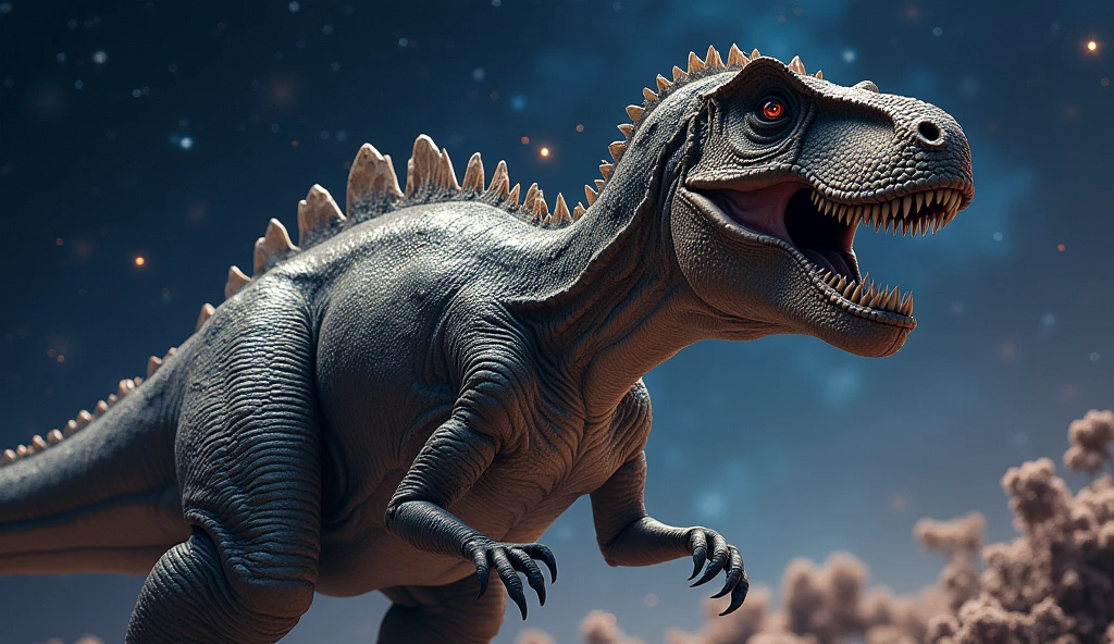 Aggressive Posture，The background is the vastness of space，Realistic style，Ultra Clear，Photorealistic，Dinosaur AI Create 8k HDR Max Dinosaurs,masterpiece,Highest quality,Super detailed,8k,Ultra-fine illustrations,Very exquisite beautiful face and eyes,Perfect Anatomy,Professional Lighting,