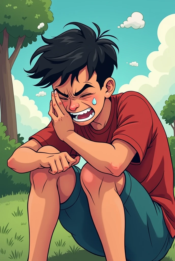 Make an 18 year old, short black hair. He's grimacing in pain. He's holding his knee with one hand and putting the other hand on his face because of the pain. He is crying. Do it in cartoon.
