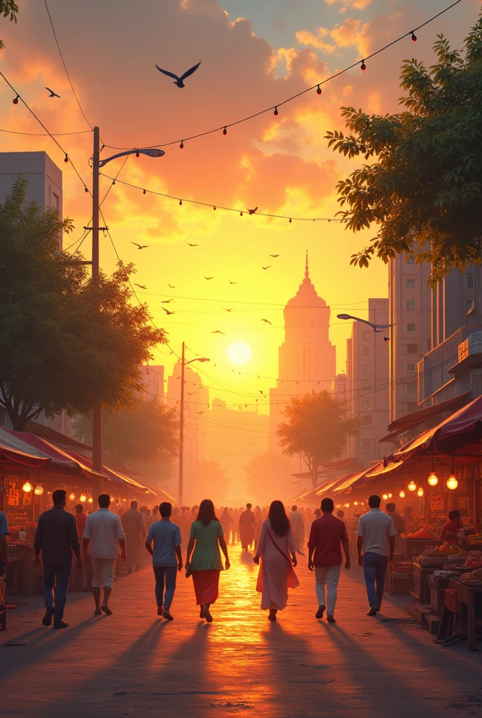 Make a news independent state where exit 5-7 people with sun arise, bird flying,kite flying, road,  bazar, tree and house,  building in city