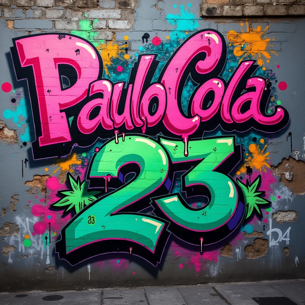 Create an image of the name “Paulo Cola” and the number "23", drawn on a wall. Graffiti style. Fluorescent colors.