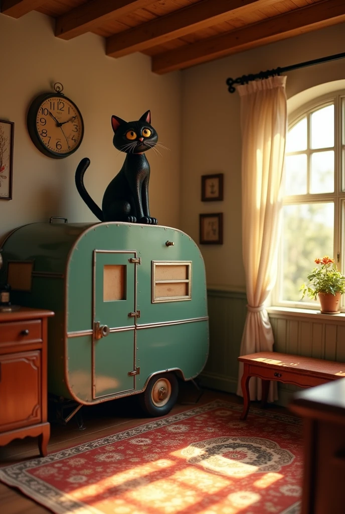 American contemporary antique room, Black cat wall clock, Tin trailer, pixar, ultra HD, precise, High details, awardwinning, best qualityer