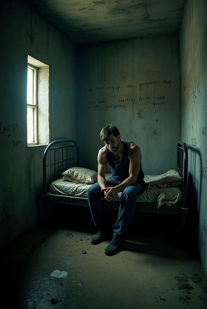 A man is very scared in a secret prison that is very small. There is nothing around. There is only a bed and the writing on the wall is waiting for death.