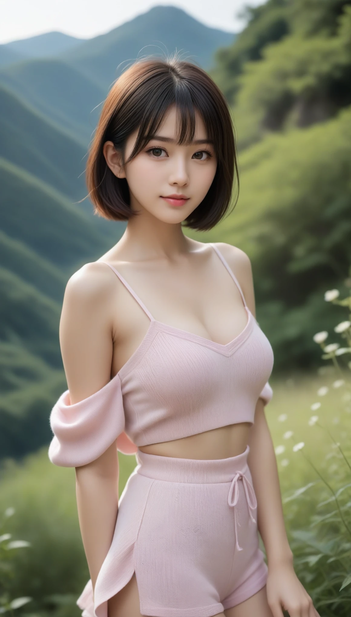8k, Ultra-high resolution, Highest quality, masterpiece, 三分割法によるphotograph,Surreal, photograph, 1 Girl, (:1.3), pretty girl, Cute Face, 細部までBeautiful Eyes, 細かくdetailedに,masterpiece,One Girl:1.2,Japanese women,Young Wife,upper body,smile,Black hair,Bowl cut,(Summer knitwear:1.3),wood々Inside,Mountain trail,Summer sunshine,wood漏れ日,(Beautiful attention to detail),Subtle details, detailedな顔, smile,Attractive girl,(のポートレートphotograph:1.4),(Photorealistic images:1.4),Fantasy art,(Beautiful Face:1.4),Beautiful and attractive eyes、Beautiful Eyes、(Tight waist:1.4)、(Beautiful with perfect body proportions:1.4),Pink Lips,Looking at the audience,(((Ideal body type))),A-cup small breasts :2,、Portraiture:2、Perfect Anatomy、鮮明なdetailed、detailed,Fashion magazine cover,Thin lips,完璧でBeautiful Face ,完璧でCute Face, Skin with attention to detail, Perfect limbs、Narrow waist,Surreal,Light and shadow,dappled sunlight