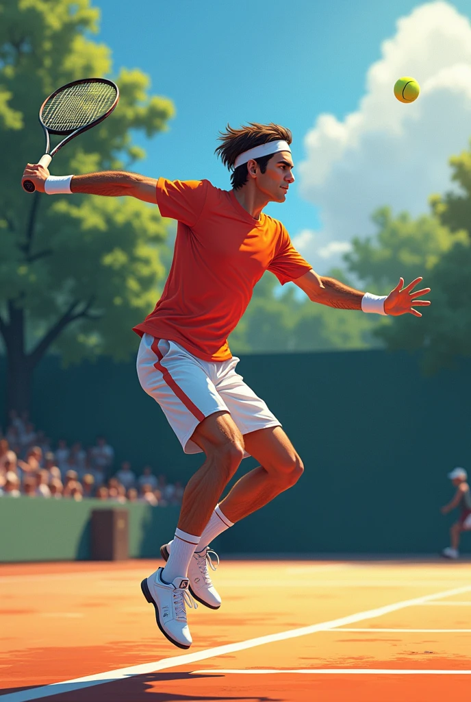 Young Roger Federer in an anime art style performing a powerful jumping backhand tennis shot, extremely detailed face and muscles, elegant movement, dynamic composition, vibrant colors, cinematic lighting, dramatic shadows, 4k, high quality