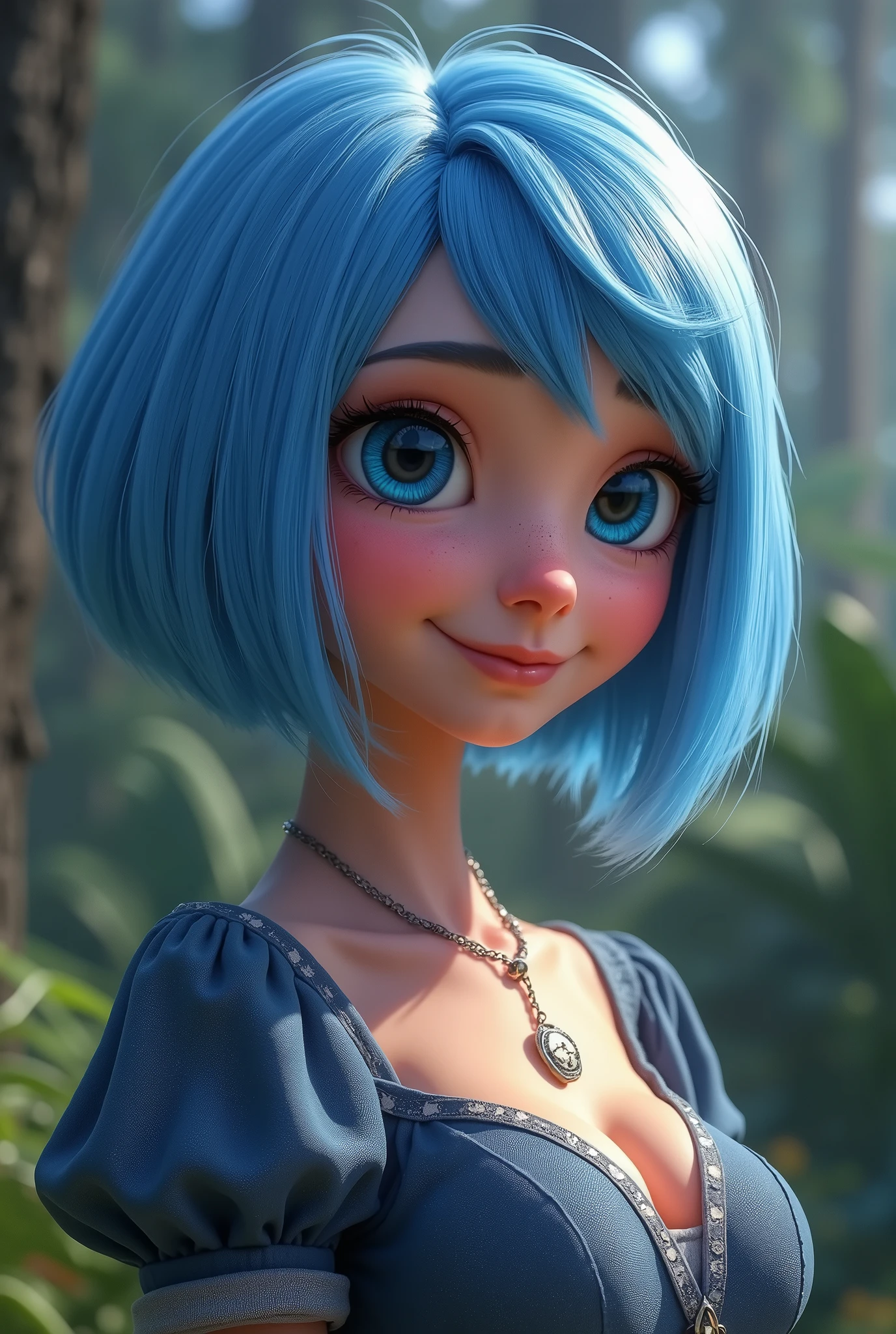 (Highest quality, 8k, 32K, masterpiece, Ultra-high resolution:1.2),Cute 18-year-old American woman image, Large Breasts, Very short bob hair,Full Body Shot,(one piece,1.1) necklace, background, Looking into the distance,Smile (((Silver streaks in blue hair))), (((Bright light blue eyes))) (((Award-winning details)) ((The atmosphere of the Disney movie Descendants)))