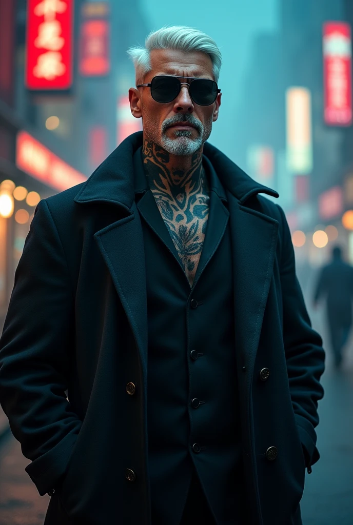 young man with an overcoat with short white hair, Yakuza tattoos, and sunglasses, with an impotent expression and beard



