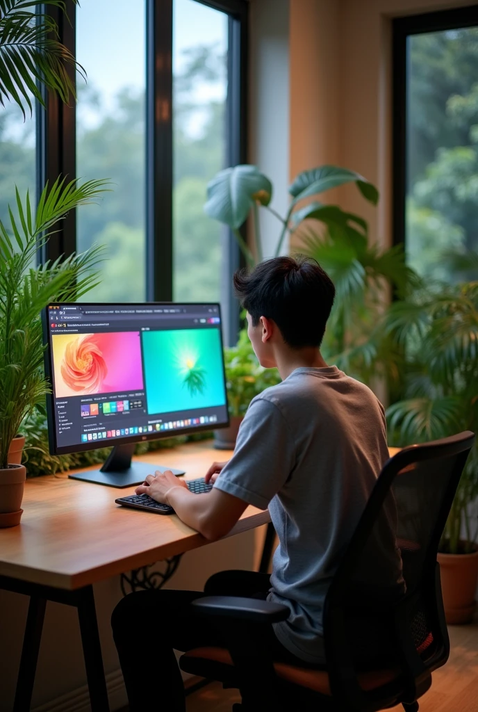 A young Indonesian man is working online in an aesthetic workspace., facing backwards, the laptop screen is visible
