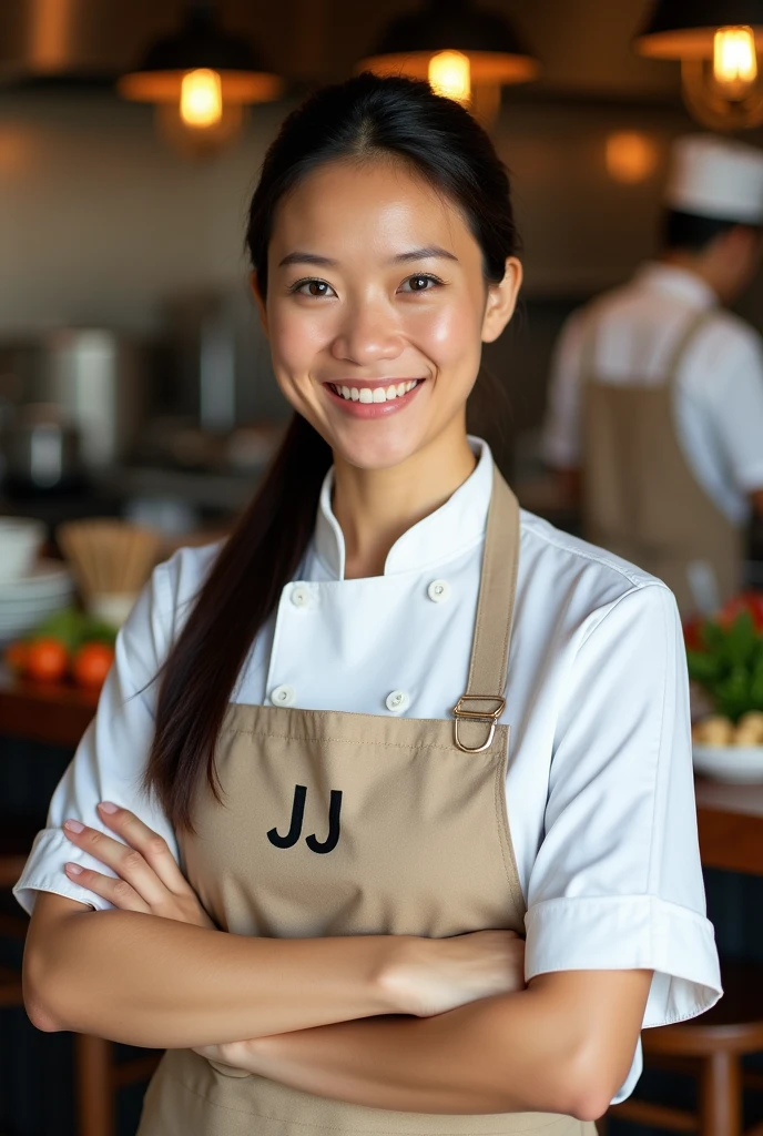 Filipina chef in a white uniform with a beige apron and a name tag with JJ written in black.