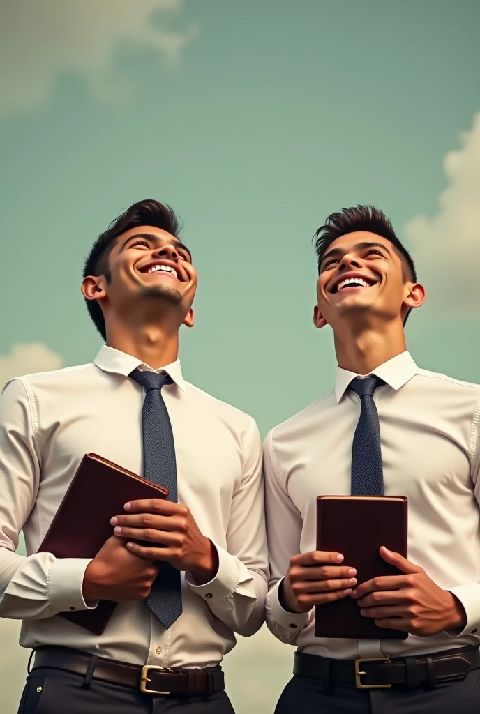 {
"size": "1024x1024",
"prompt": "A detailed image of two young men, each holding a Bible, dressed in shirts and ties. Both young men have short hair, are clean-shaven, and appear cheerful. They are looking up at the sky with expressions of joy and hope. The background behind the young men is a solid color, creating a simple and focused composition. The atmosphere is positive and uplifting."
}