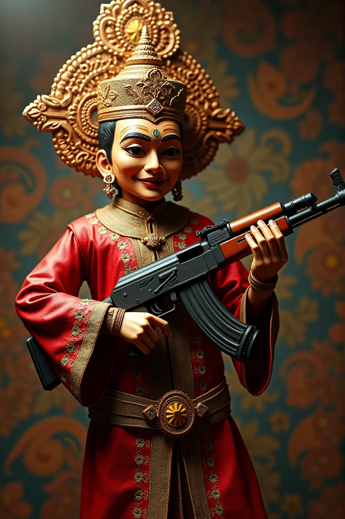 Create a 3D design of a wayang golek holding an AK47 with a batik background and detailed nuances of a shadow puppet performance