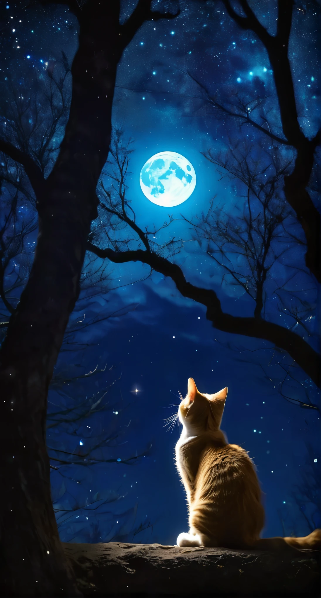 A silhouette of a cat sitting in front of a vast, starry night sky with a large, glowing blue moon in the background. The cat’s shape is dark and shadowy, contrasting against the bright stars and the deep blue hues of the moon. The night sky is filled with stars, creating a sense of depth and mystery, with a subtle Milky Way pattern visible around the moon. The overall atmosphere is calm, mystical, and serene, with a focus on the contrast between the dark cat and the vibrant, glowing moon.Real、high resolution、high quality、A lot of light grains